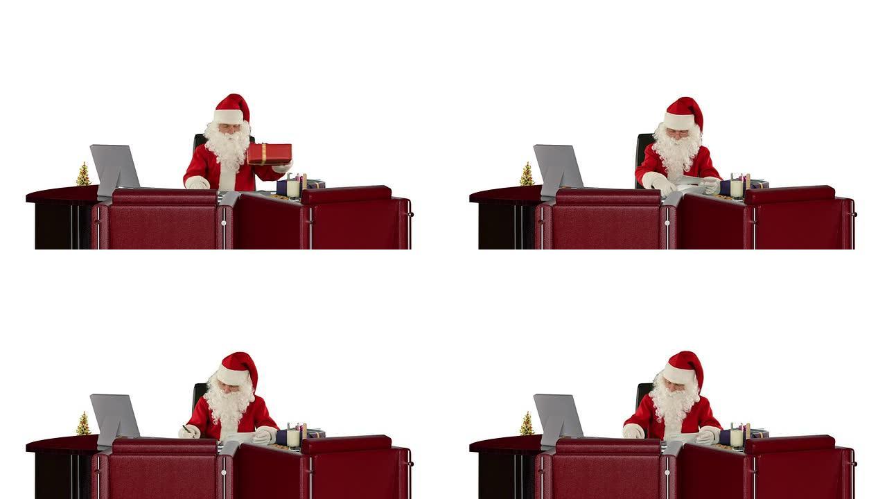 圣诞老人阅读信件和整理礼物，反对白色