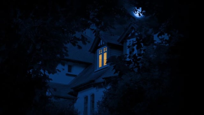 亮着灯，上面有月亮的房子