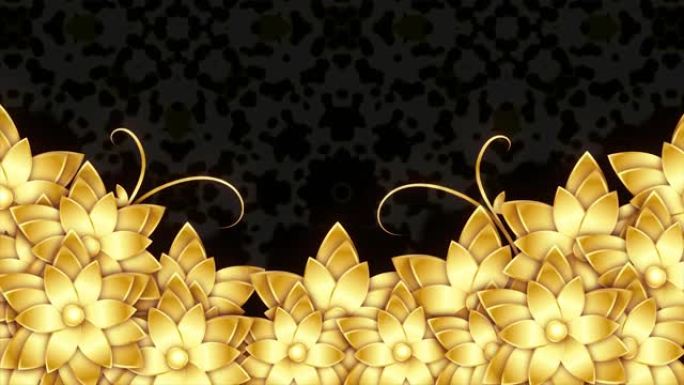 黑色背景上的金色闪亮花动画。豪华金色3d花卉动画背景，金色花卉动画背景，复古装饰装饰花卉移动动画。