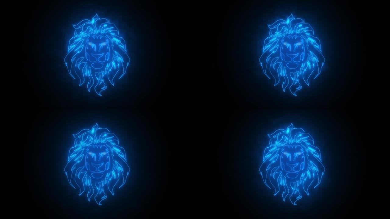 在空的黑色背景上孤立的蓝色发光霓虹灯狮子图标的动画