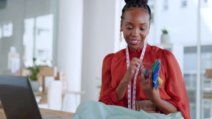 视频通话，黑人女性设计师和纺织品在带有彩色面板想法的在线会议上进行交谈。办公室零售购物助理的谈话，工