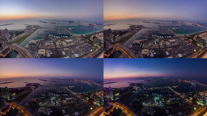 迪拜码头全景日夜过渡延时鱼眼