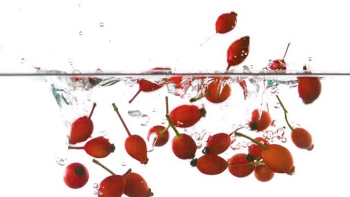 玫瑰果落入水中慢镜头放入清水水花