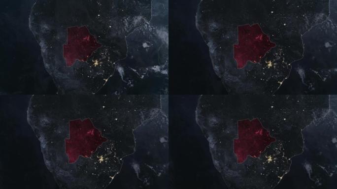 突出显示的博茨瓦纳黑色地图，通过4K照片真实动画地球从太空放大，全景包括非洲、西欧和美国。史诗旋转的