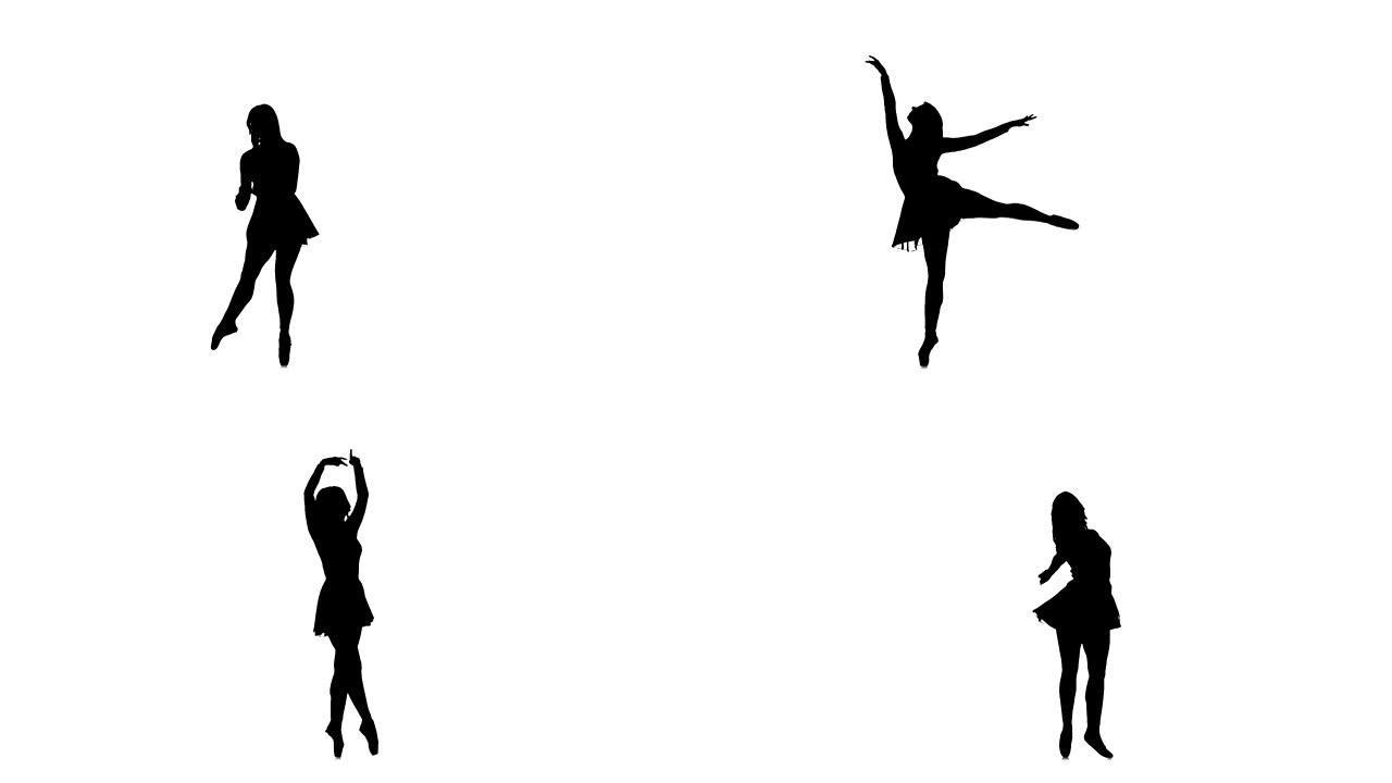 女子跳舞芭蕾孤立在白色背景，慢动作，剪影