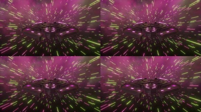 未来主义宇宙飞船飞越网络空间。霓虹色线条。抽象概念。无缝循环的3d动画