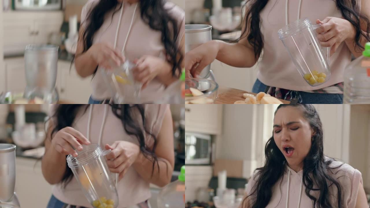 快乐超重的少女在厨房跳舞，制作冰沙，在家享受健康饮食，享受生活方式的承诺