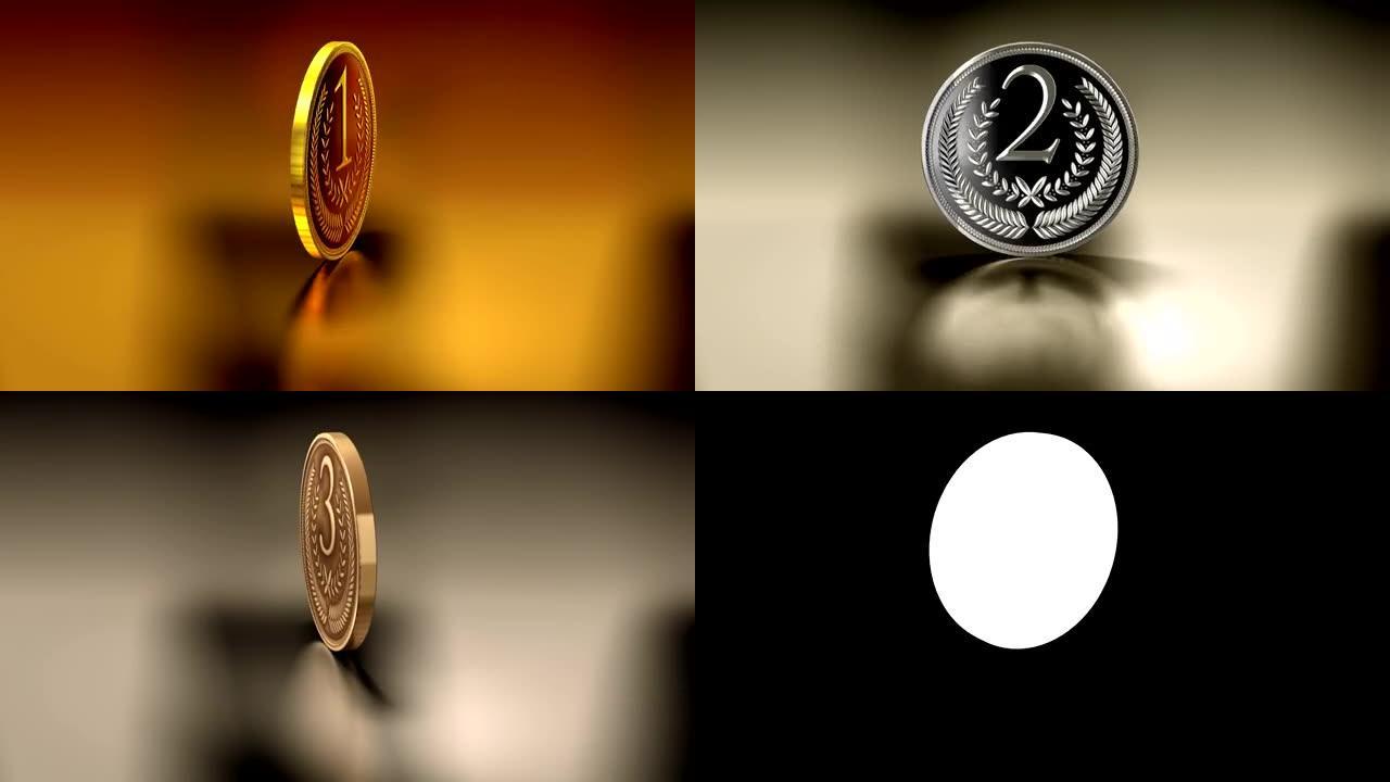 反射背景上的金色、银色和棕色奖章，循环，阿尔法