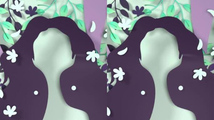 垂直女性剪影象征着地球母亲，并在4k分辨率的花卉绿色背景下庆祝母亲节