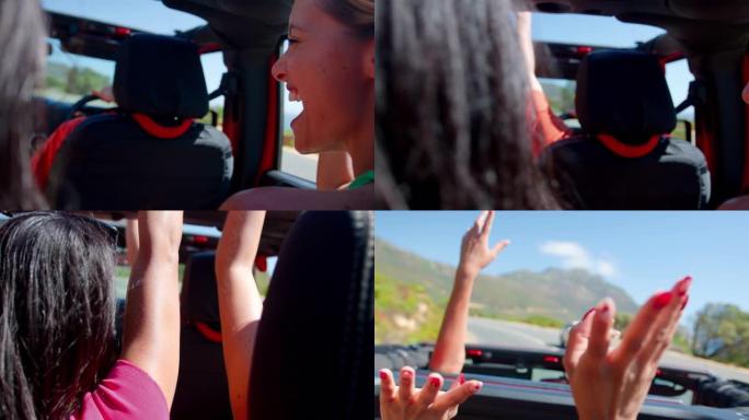 一群大笑的女性朋友在公路旅行中把手穿过敞篷汽车的天窗