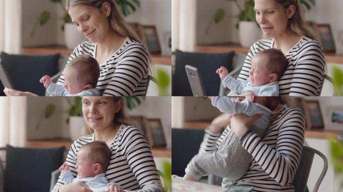 年轻的母亲使用智能手机安抚婴儿在家里哭泣妈妈抚慰不快乐的婴儿照顾孩子