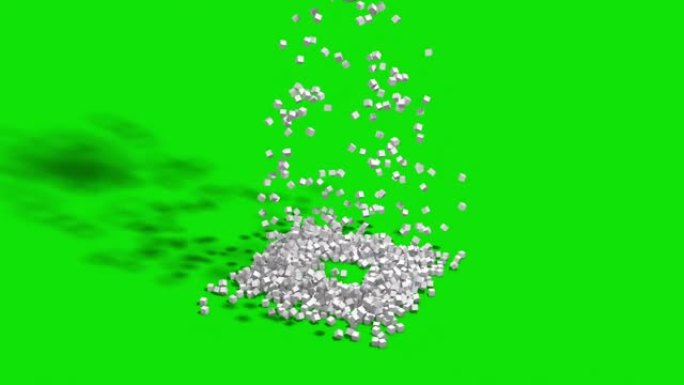 白色立方体在绿色色度关键背景上爆炸。4k分辨率。