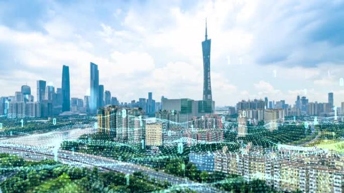 T/L哈子广州天际线和科技大数据概念。中国广州
