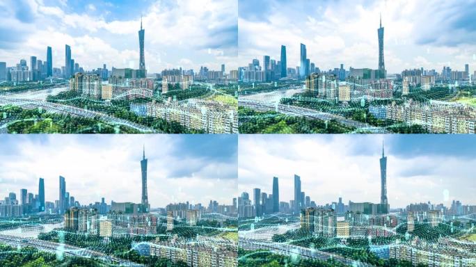 T/L哈子广州天际线和科技大数据概念。中国广州