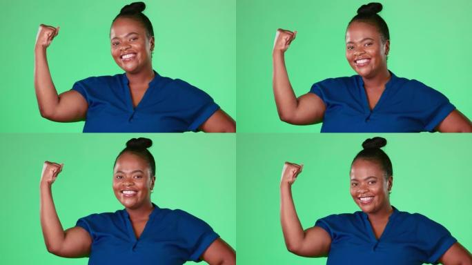 黑人女性肌肉弹性隔离在工作室背景或绿色屏幕上，以增强力量，力量和辛勤工作。具有权力，女权主义或强大的