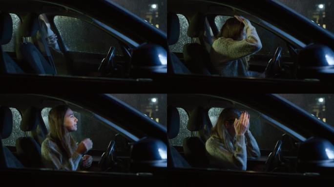 一位年轻女子奔跑并进入车内以避免大雨的肖像。女司机为夜间意外的阴雨天气感到惊讶，准备安全开车回家