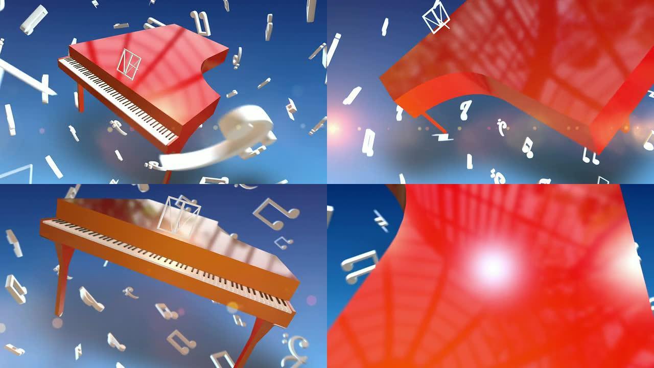 带音符循环的3D红色钢琴