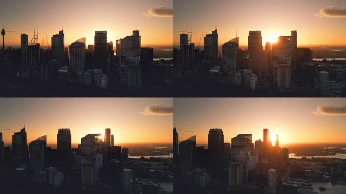 悉尼飞机日出时悉尼市中央商务区各种建筑的4k鸟瞰图实时镜头