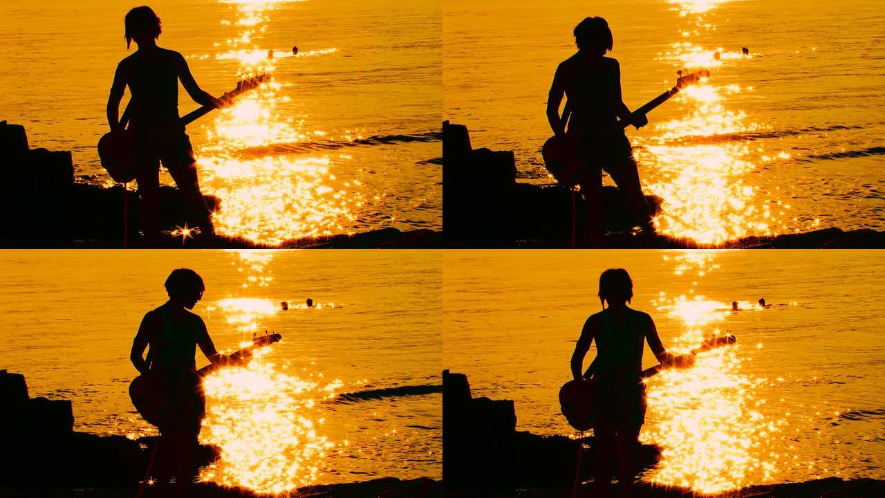日落时的吉他手。时间流逝