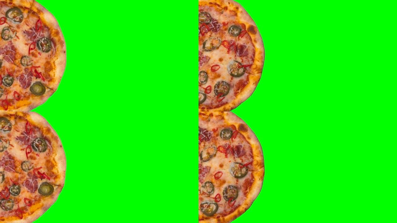 绿色chromakey横幅背景上美味的披萨和马苏里拉奶酪的特写，带有粘贴的地方，复制空间。美味的意大