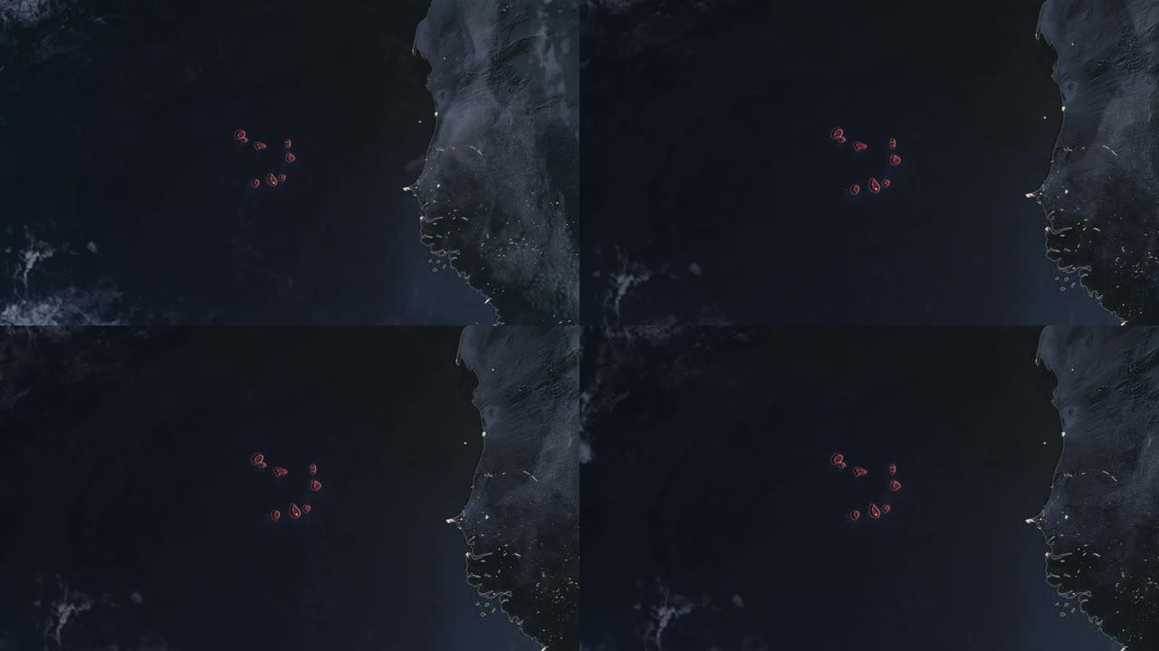 突出显示的佛得角的黑暗地图，通过4K照片真实动画地球从太空放大，全景包括非洲、西欧和美国。史诗旋转的