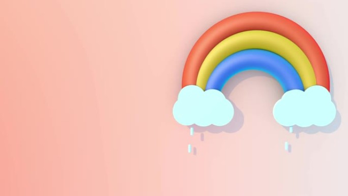 桃色背景上有雨和彩虹的云。天气图标。3D动画。