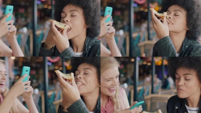 最好的朋友在餐厅吃披萨的女人用智能手机拍朋友吃饭的照片两个女人一起在社交媒体上分享周末的乐趣4k