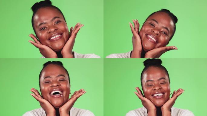黑人妇女，美容和绿色屏幕的皮肤护理工作室背景与皮肤发光。快乐的非洲女模特笑或微笑用手在脸上的化妆品，
