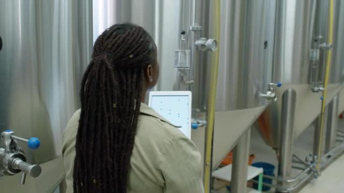 女技术员在啤酒厂观看发酵罐