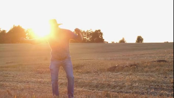 一个满意的农民在田间表演了一场有趣的舞蹈。田野中的剪影日落或日出