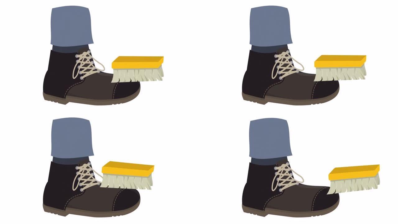 刷鞋子。清洁鞋子的动画。卡通