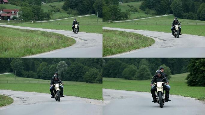 高清: 复古摩托车驶过乡村城市