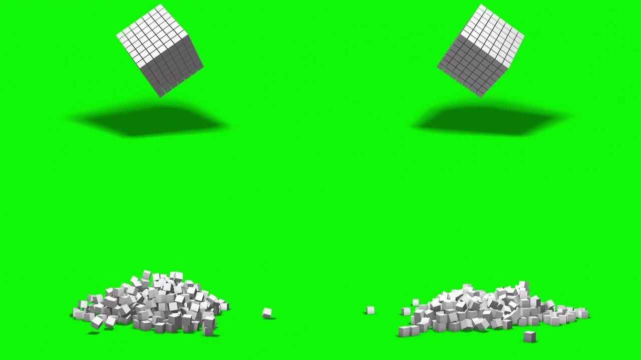 白色立方体在绿色色度关键背景上爆炸。4k分辨率。