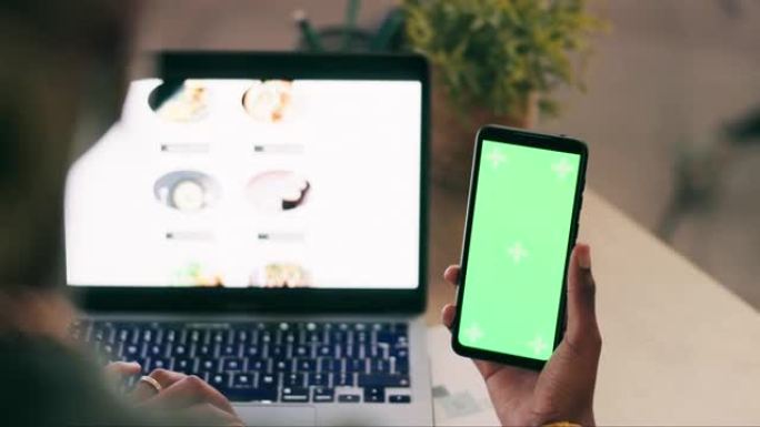 手提电脑、绿屏和手机，用于食品配送订单、餐厅菜单和在线购物目录。电子商务网站上的人或手机chroma