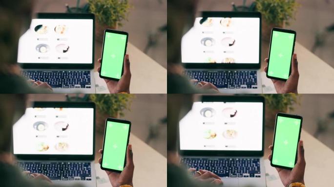 手提电脑、绿屏和手机，用于食品配送订单、餐厅菜单和在线购物目录。电子商务网站上的人或手机chroma