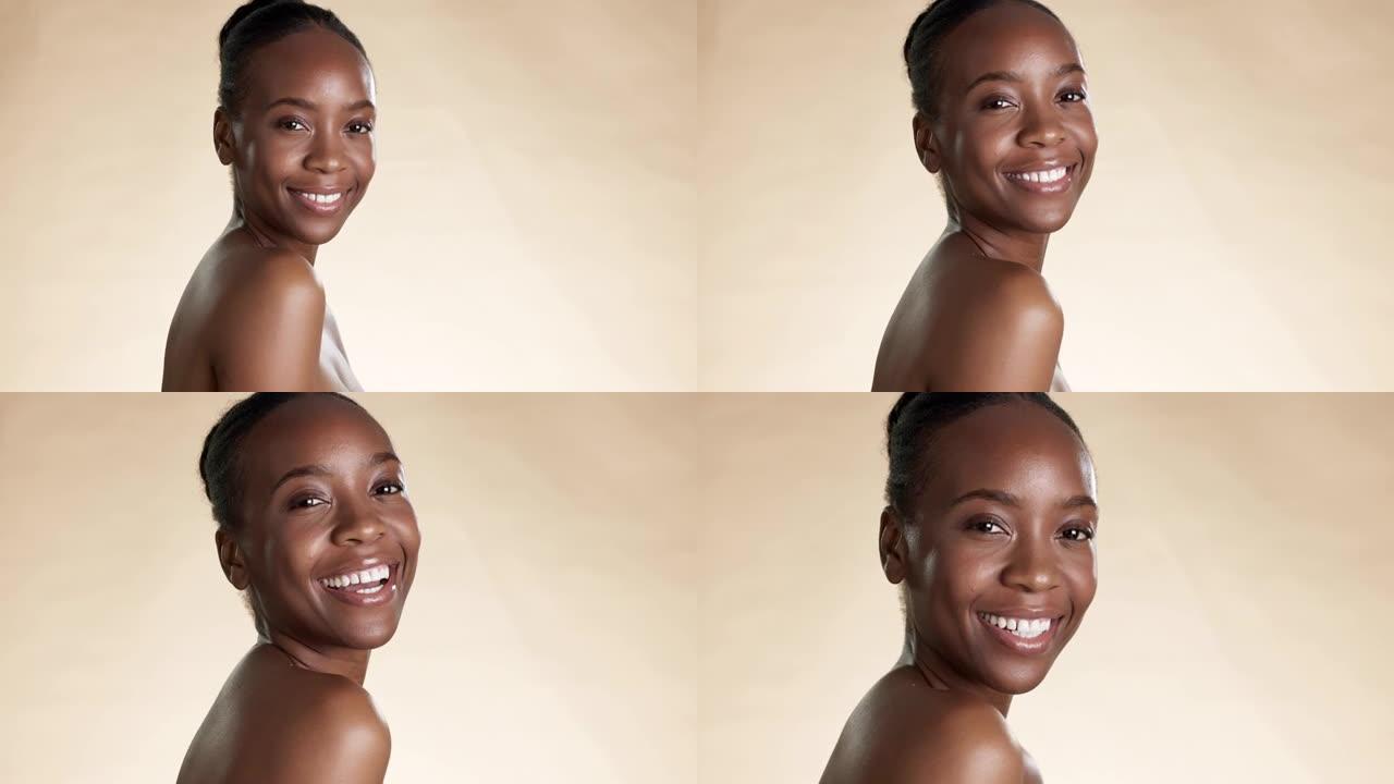 脸，美丽和样机，在工作室里，在棕色的皮肤护理背景下，一个笑着的黑人女人。肖像，化妆品和自然，有吸引力