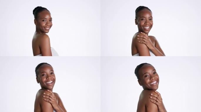 黑人妇女，脸上和快乐的护肤，美丽和健康的皮肤发光孤立在白色背景。天然化妆品、皮肤病学和女性微笑、美容