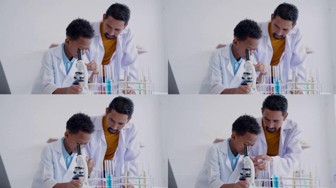 4K，亚洲男老师正在学校科学实验室向非洲小学生介绍显微镜。学童学习操作显微镜会特别注意好奇