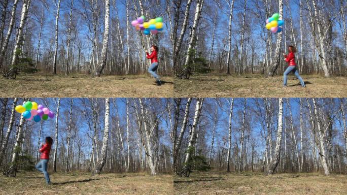 女人拿着一堆气球，旋转并奔跑