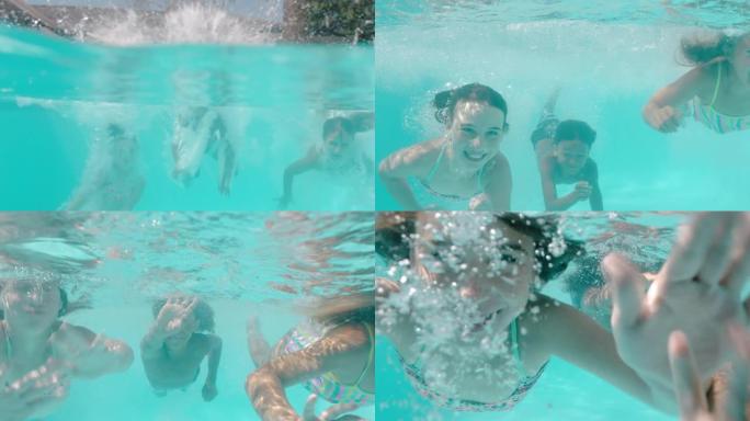 快乐的孩子跳进游泳池嬉水在水下嬉戏玩耍，在阳光明媚的日子里一起享受暑假4k
