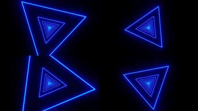 抽象背景是由霓虹灯照亮的旋转三角形的环形图案创建的，提供了动态的视觉体验