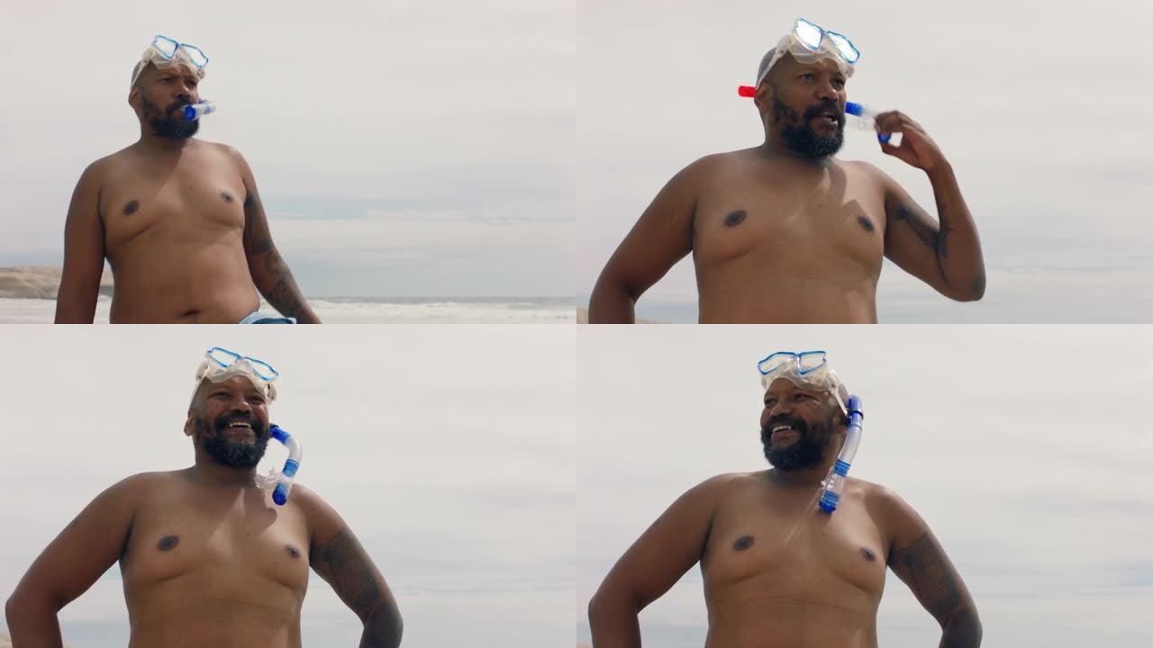 有趣的非洲裔美国男子穿着脚蹼走在海滩上准备游泳，享受海上的夏天4k