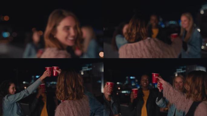 美丽的高加索女人吹吻相机朋友一起喝酒做烤面包享受友谊聚会晚上在屋顶派对上闲逛