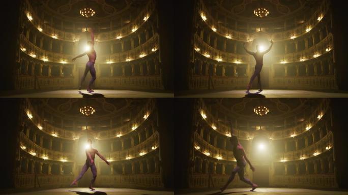 慢动作电影拍摄的运动男子在经典剧院舞台上跳舞和排练，并带有戏剧性的灯光。优雅的古典芭蕾舞男舞者专业表