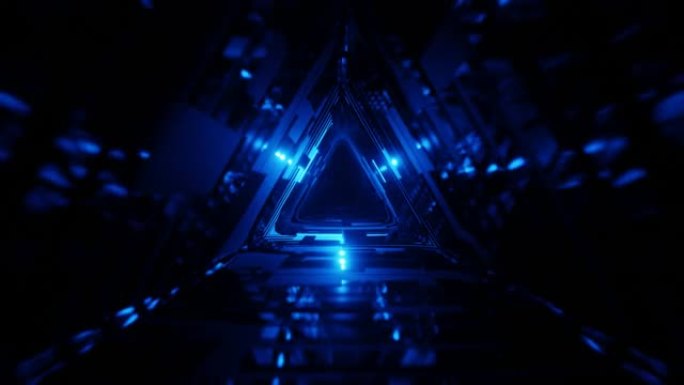 3D数字动画显示运动中霓虹灯照亮的三角形隧道的无缝循环