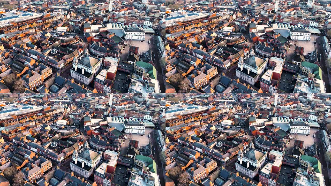 英格兰东米德兰兹地区城市莱斯特的莱斯特市场的航拍画面