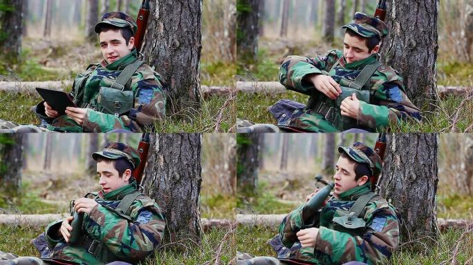 年轻的新兵在森林中使用光学步枪第1集
