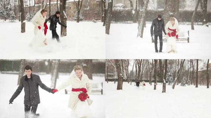 在雪地里奔跑新娘和新郎
