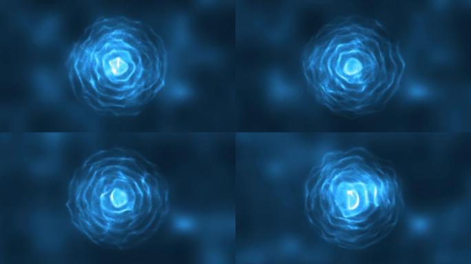 抽象蓝色能量圆球用粒子波发光高科技数字魔术抽象背景。视频4k，60 fps
