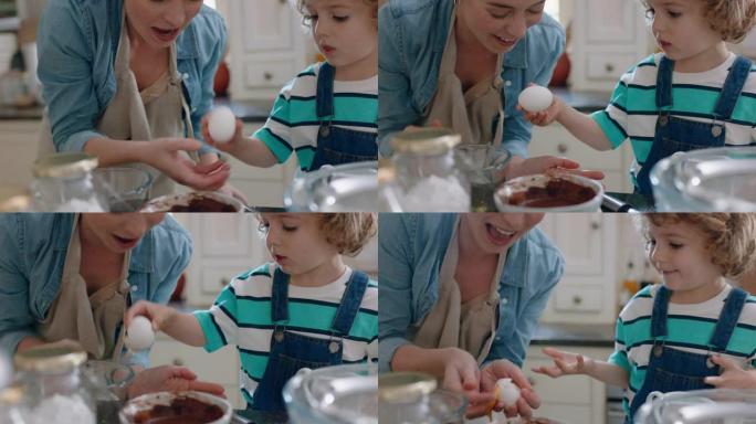 小男孩帮助母亲在厨房里烘烤混合配料烘烤巧克力蛋糕在家准备食谱